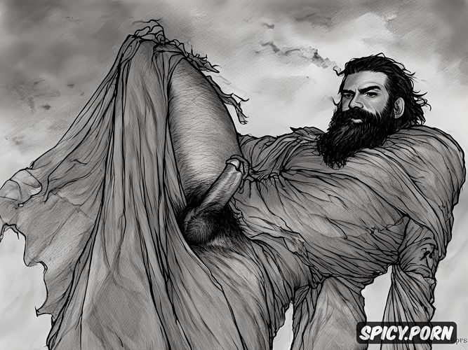 huge dick, dark hair, full body shot, 30 40 yo, artistic sketch of a bearded hairy man wearing a draped toga in the wind