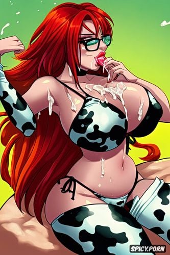 stunning face, red hair, massive tits, black lips, cow print bikini