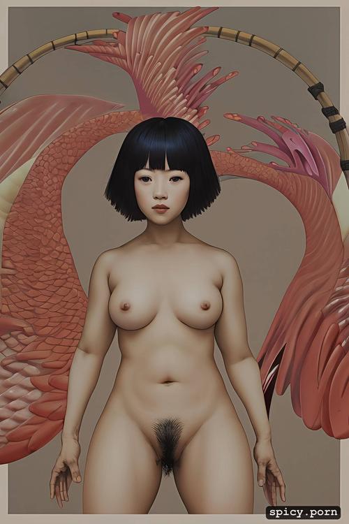 hasegawa, one nude asian woman crawling, one bird, hairy pussy