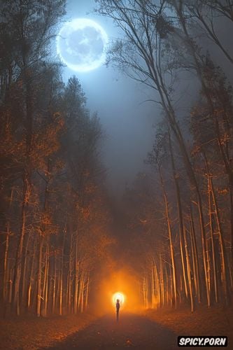 moonlight, complete, foggy, realistic, haunted clearing at night