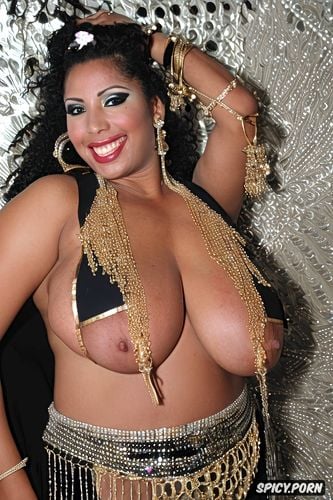 performing in an oriental bazaar, massive saggy breasts, color photo