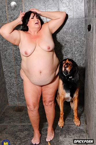 with round tits, legs wide apart showing her wet and excited pussy to her dog with his tongue out