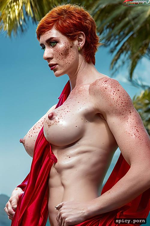 topless very heavily muscled with short hair spiked upwards under a red silk headscarf