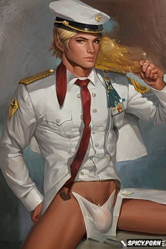 white pale body, visible hard dick, partly nude, little blond boyish preschool male in uniform