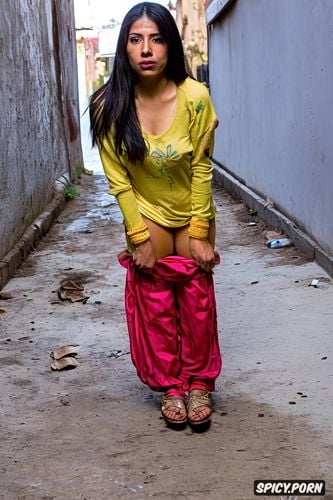unshowered, dirty, a stunning petite early twenties mexican female homeless beggar
