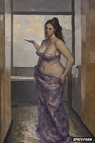 chubby belly, cézanne oil painting, victorian gown, egon schiele