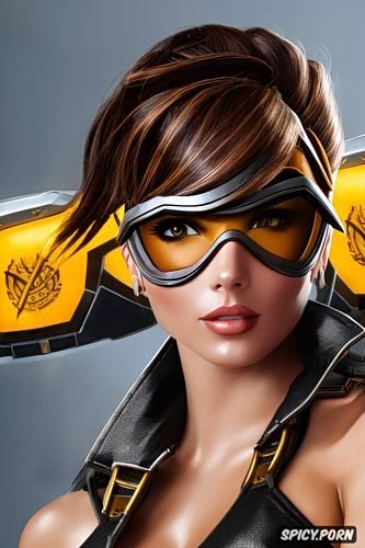 tracer overwatch female gladiator fatasy arena crown tight leather armor beautiful face portrait muscles