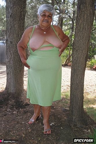 front view shot, smiling hot granny, she has a big obese plump belly and shrink boobs