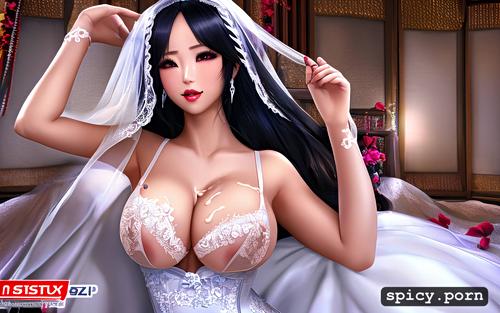 8k, realistic, high heels, ultra detailed, glasses, public, busty natural japanese 25 years old wearing wedding dress with cum on face and boobs