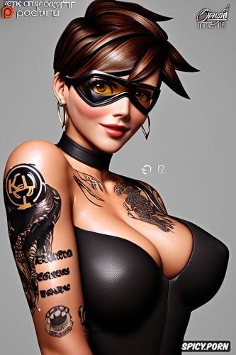 tracer overwatch beautiful face young full body shot, tattoos small perky tits tight body fitting black evening gown masterpiece