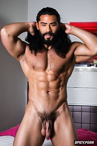 with hairy body, realistic manly japanese fit man naked, hairy crotch