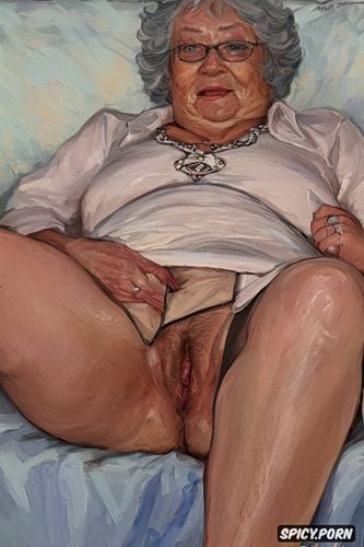 upskirt shows big labia on cunt, the very old fat grandmother skirt has nude pussy under her skirt