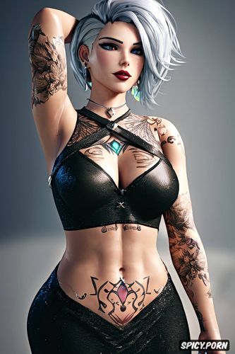 ashe overwatch beautiful face young full body shot, tattoos small perky tits elegant low cut tight black dress masterpiece