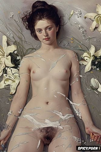 flat chest beautiful teen white women with a white lily in her right hand