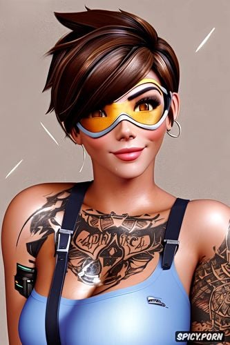 tracer overwatch beautiful face young full body shot, tattoos small perky tits tits out masterpiece