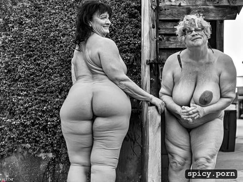 two old woman, mature, chubby muscle lady, low angle camera