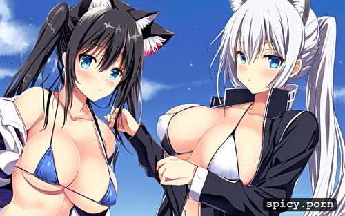 cat women, white jacket, animal ears, horns, long hair, twintails