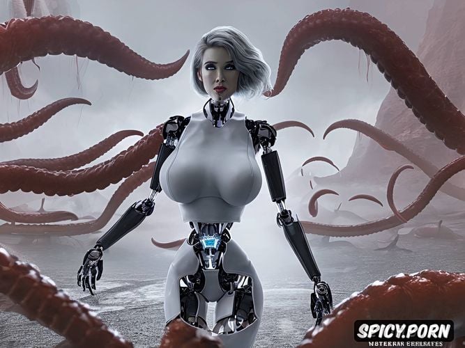 thick legs, great legs, massive boobs, woman vs robot tentacle vagina probe model