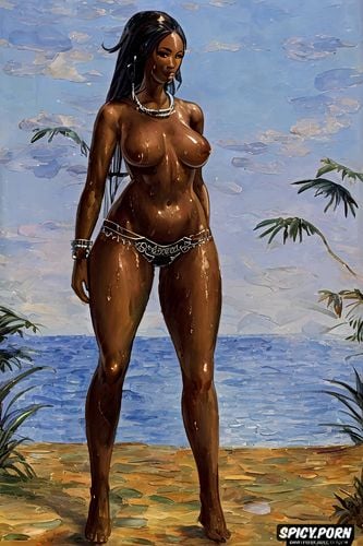 dark skin, topless, wide hips, impressionism, ps gameplay graphics