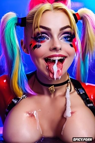 pov, harley quinn, backstage, twin tails hair, drowning in cum