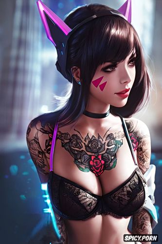 ultra realistic, black lace lingerie, high resolution, d va overwatch beautiful face full body shot