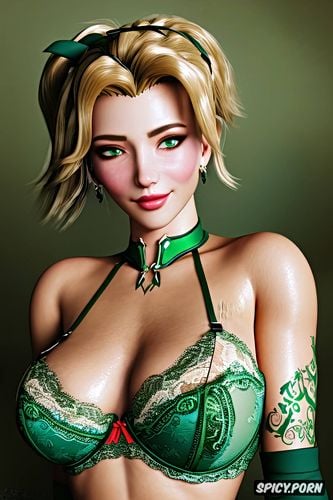 k shot on canon dslr, ultra realistic, mercy overwatch beautiful face young tattoos small perky tits elegant low cut dark green lace lingerie masterpiece