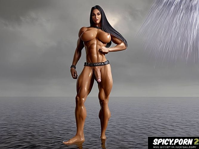 walking on water, a transgener female look with huge dick, shemale