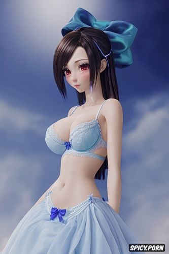 very big fat body blue body, blue frilly dress, bra, brassiere