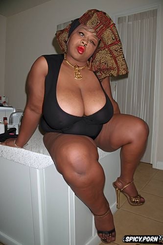 a ebony bbw ssbbw milf granny year old wearing a intricate black turban wearing a skin tight golden mesh latex bodysuit