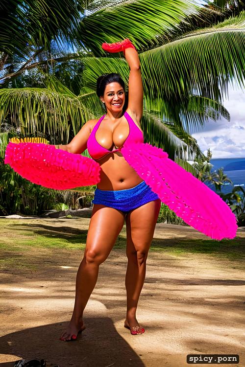 extremely busty, intricate beautiful hula dancing costume, giant hanging boobs
