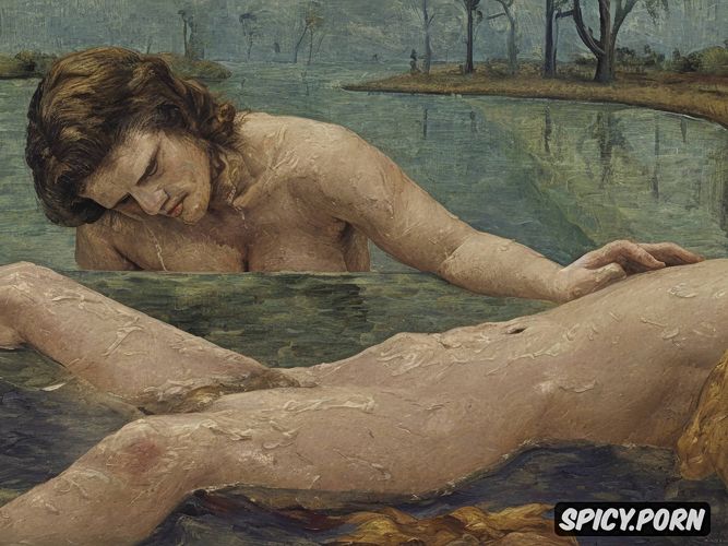 low resolution, chubby belly, german, tiled bathing, textured impasto oil paint