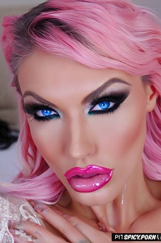 eye contact, thick pink makeup, pink blush, bimbo lipstick, cum all over face