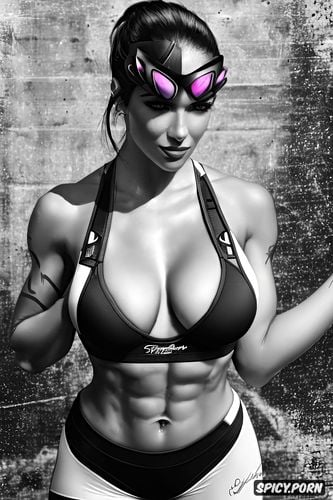 abs, masterpiece, ultra realistic, widowmaker overwatch female yoga instructor yoga studio tight sports bra tight yoga pants beautiful face portrait muscles