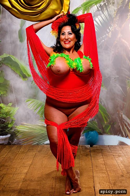 72 yo beautiful hawaiian hula dancer, color portrait, performing on stage