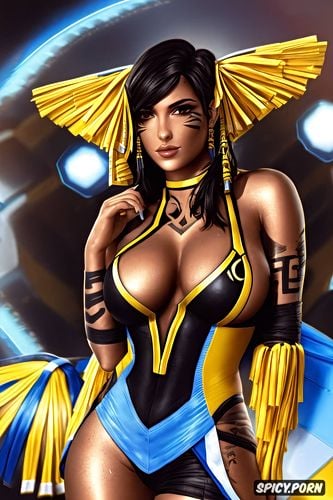 high resolution, k shot on canon dslr, tattoos masterpiece, pharah overwatch beautiful face young sexy low cut black and yellow cheerleader outfit