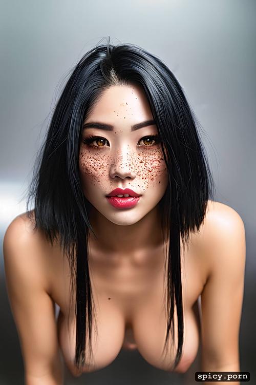 half asian half white woman, black hair, wolfcut hair, freckles
