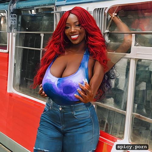 nigerian, bbw, on a train, red hair, smiling, full body, dark skin