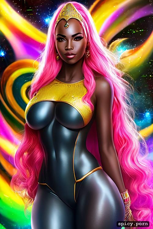 colorful hair, superhero, full body, sexy african woman, cleavage