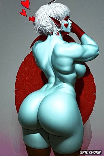 from behind toned ass, crimson skin color, trans woman, heart shaped ass