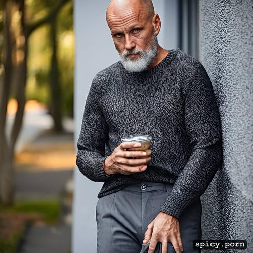 scandinavian male, no hair, street, grey trousers, messy pullover