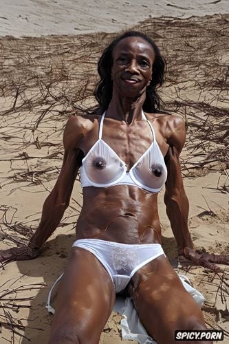 squatting in a desert, flashing her open hairy black pussy, full frontal image