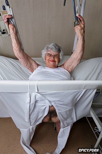 pale, very old granny, indoors, ninety, spreading legs, wearing hospital gown