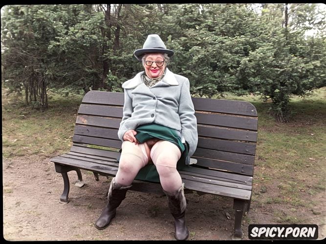 sitting on a bench, ugly fat grandma, boots, very old, glasses