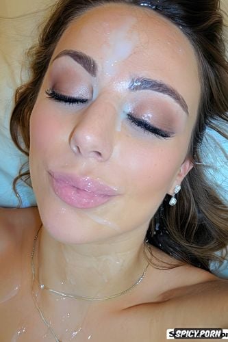 close up on face, asleep, facial cumshot, real amateur selfie of sexy italian teen girlfriend with cum on her face