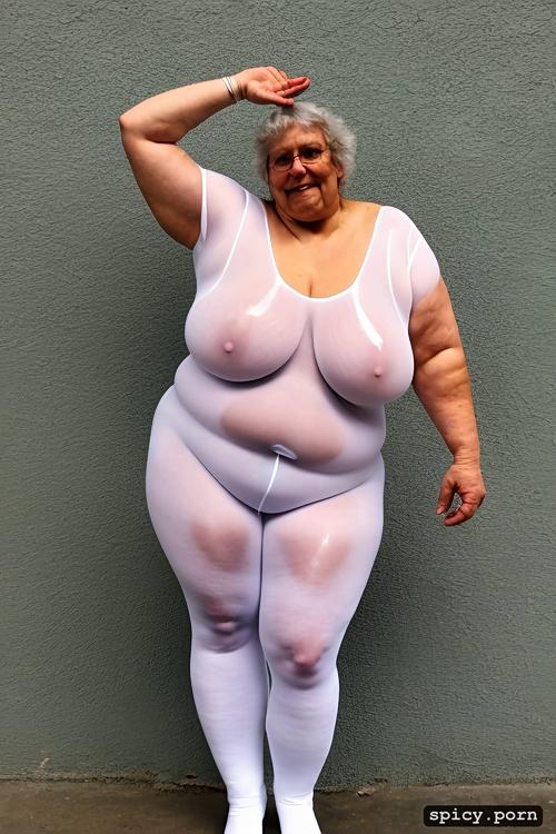 sagging belly, big bulge between legs, cloudy day, a standing obese 80 yo fat woman wearing white very transparent tight bodysuit with white legs