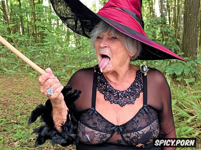 detailed breasts, facial, grandma witch, detailed body, shocked