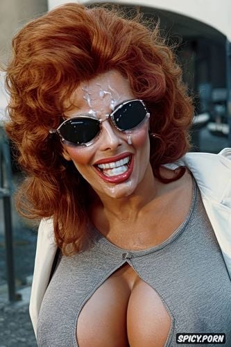 laughing, red wigs, cum on breasts, sophia loren, massive hexagonal glasses