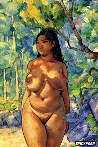 intricate long hair, painterly, chubby belly, impressionism