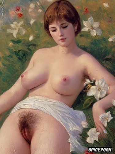 big boobs, with a white flowers around her head and hairs, absolutely flat chest beautiful teen white women with a white lily in her right hand