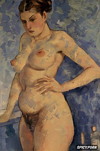 cézanne oil painting, beautiful female face, taking a piss